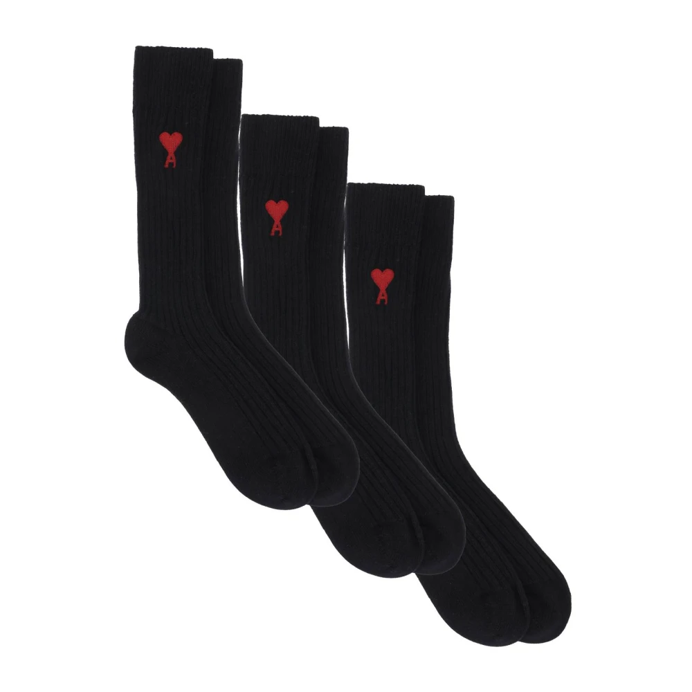 Ami Paris Geborduurde Logo Geribbelde Katoenen Sokken Tri-Pack Black Heren