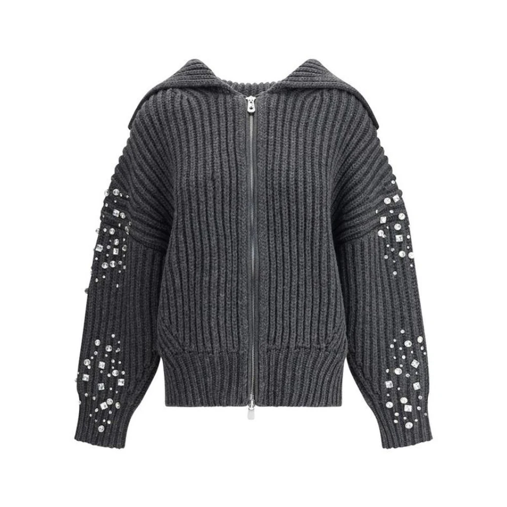 Pinko Women's Gray Cardigans, S, Rhinestone Wool Cardigan With Zipper