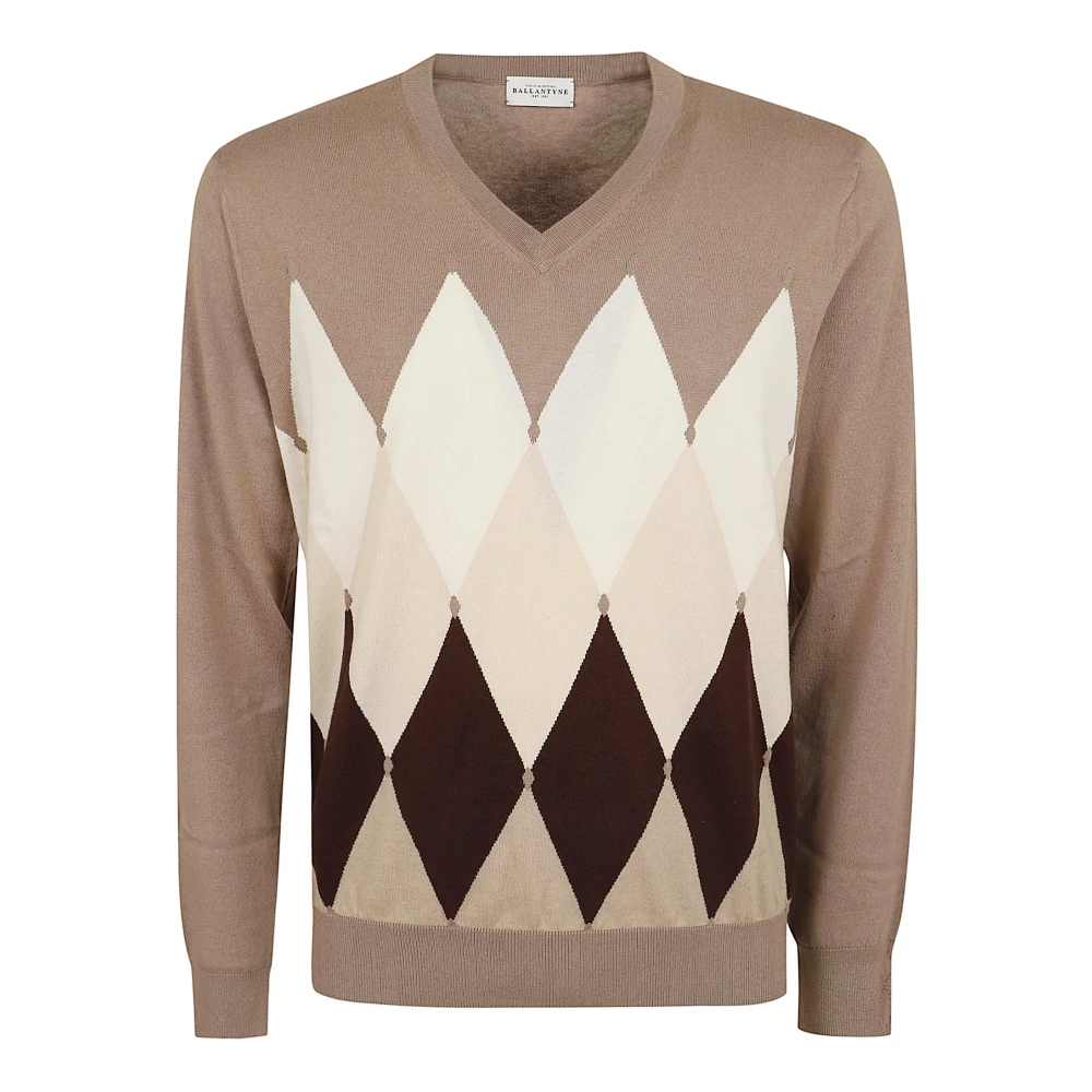 Ballantyne Men's Multicolor V-Neck Knitwear, M, Argyle Jumper