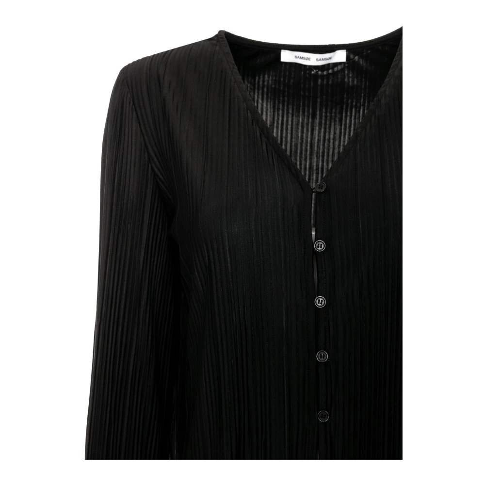 Samsøe Geplooide V-hals Blouse met Vleermuismouwen Black Dames