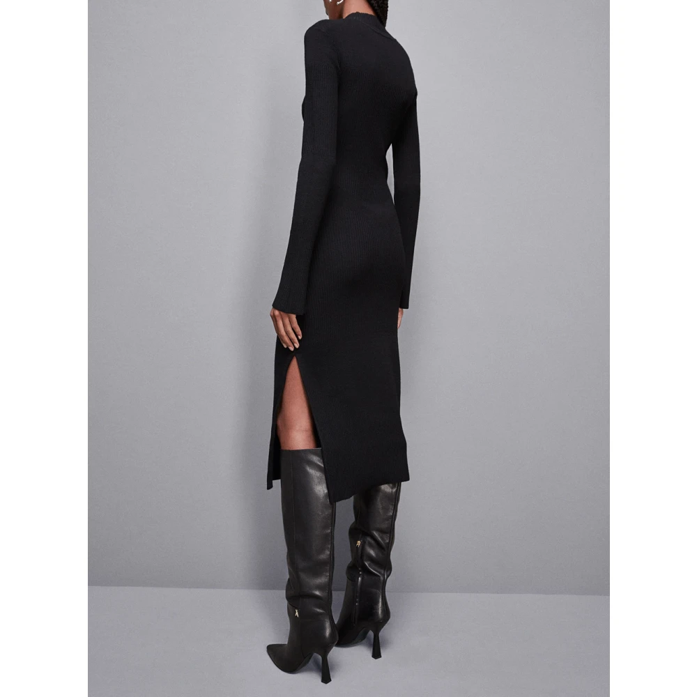 PATRIZIA PEPE Zwarte Geribbelde Wollen Midi Jurk Black Dames