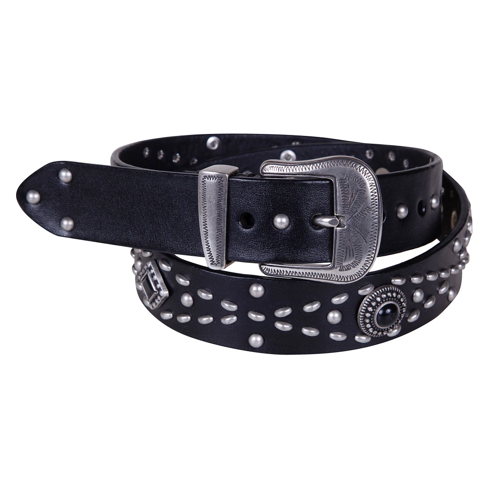 Golden Goose Women's Black Belt With Studs In Washed Leather - Belts - 80 Cm - Accessories