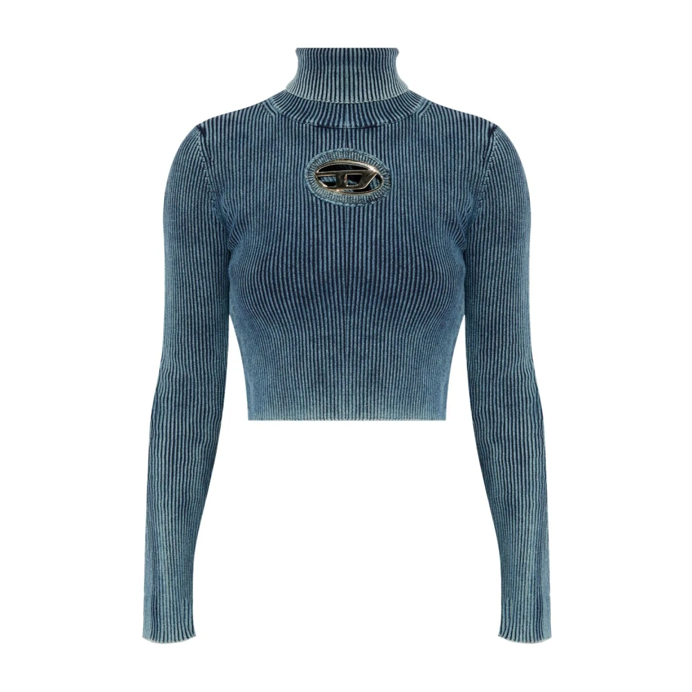 Diesel Ribgebreide top met Oval D-plaque Blue Dames