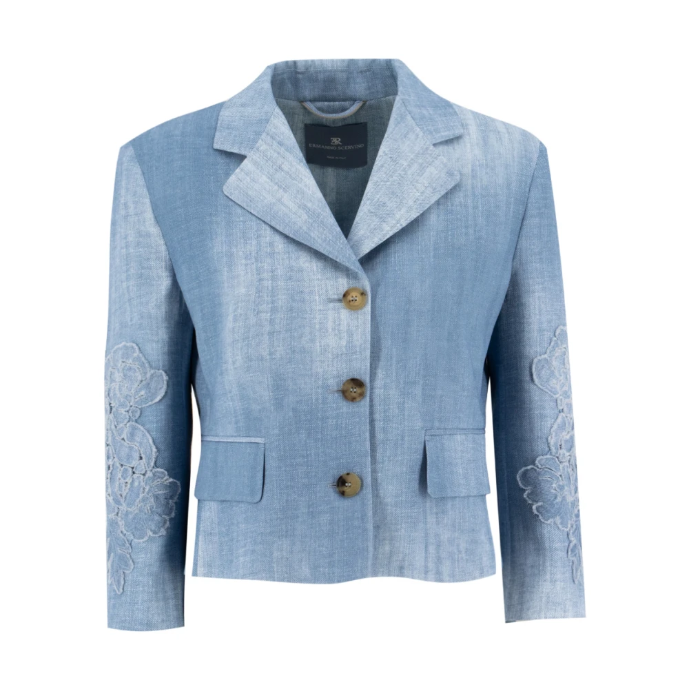 Ermanno Scervino Denim Effect Bloemenapplicatie Jas Blue Dames