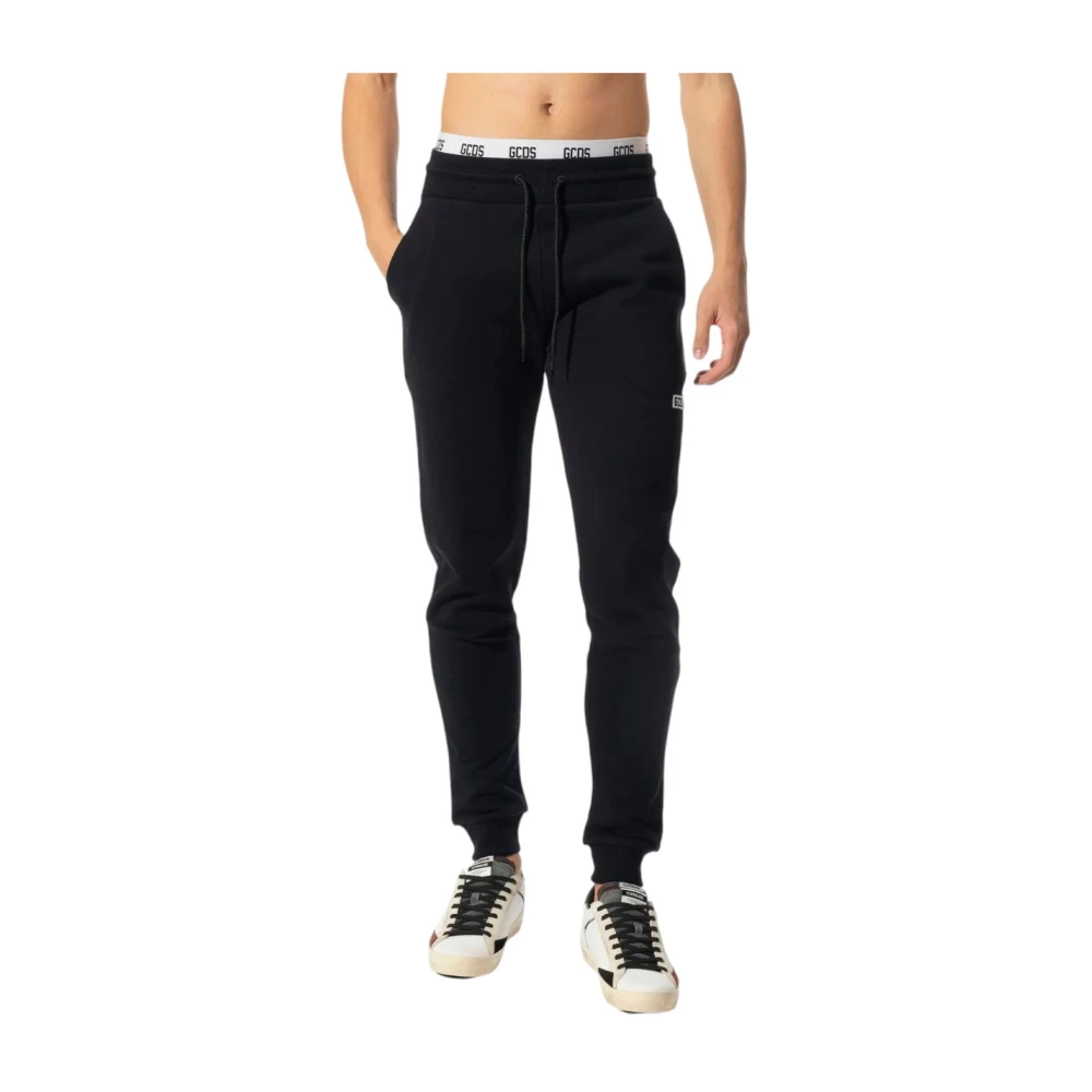 Gcds Zwarte katoenen joggers met witte tailleband en logo Black Unisex