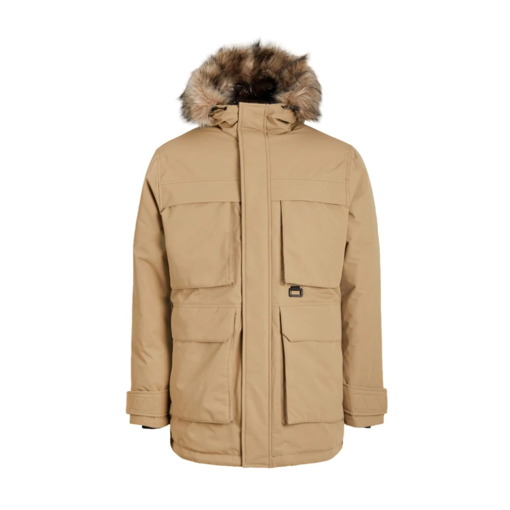 jack & jones Winddichte Parka Jas met Bont Capuchon Brown Heren