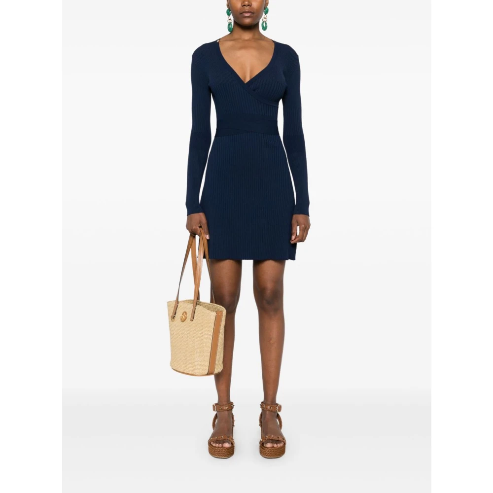 Elisabetta Franchi Blauwe Geribbelde V-Hals Mini Jurk Blue Dames