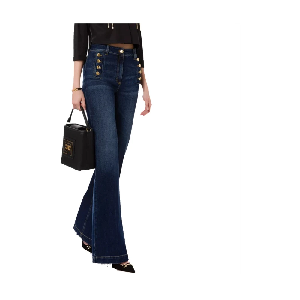 Elisabetta Franchi Stretch Denim Palazzo Broek met Zijknopen Blue Dames