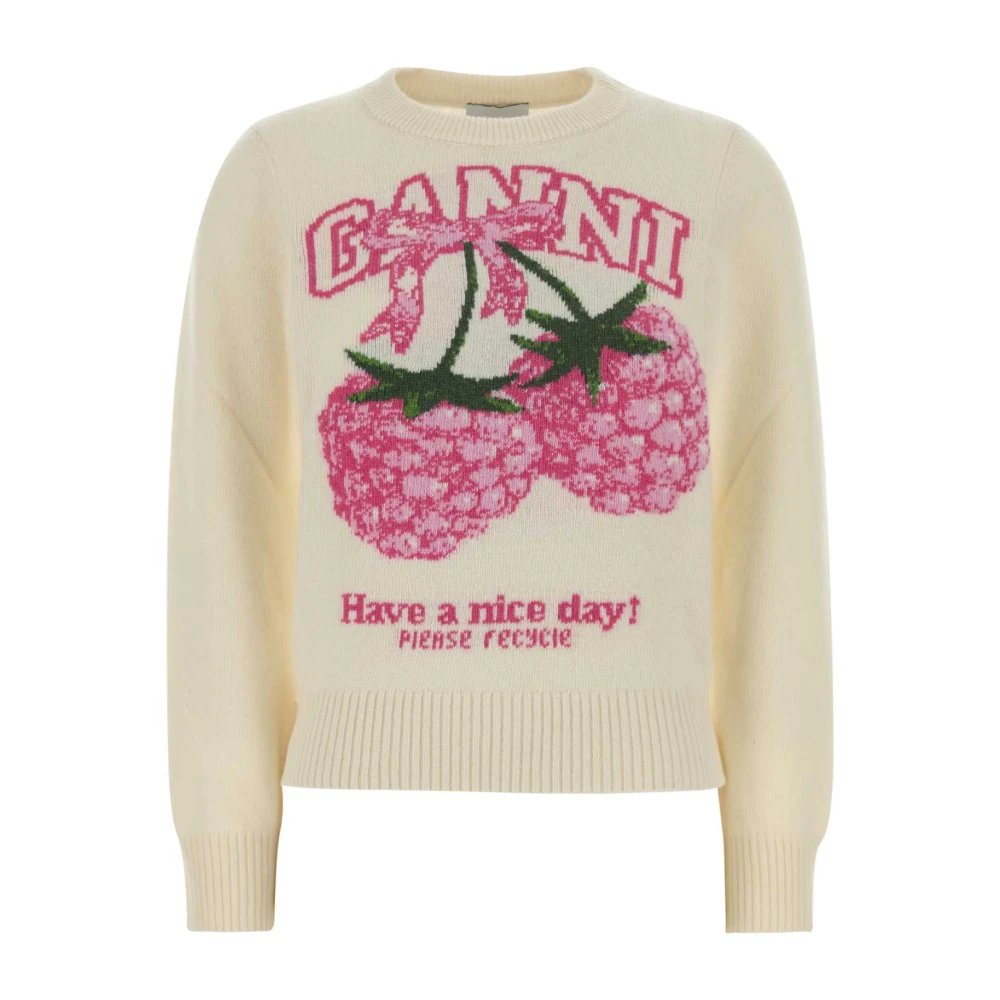 Ganni Logo Jumper With Raspberry Print - Female - Round-Neck Knitwear - White - L - Knitwear
