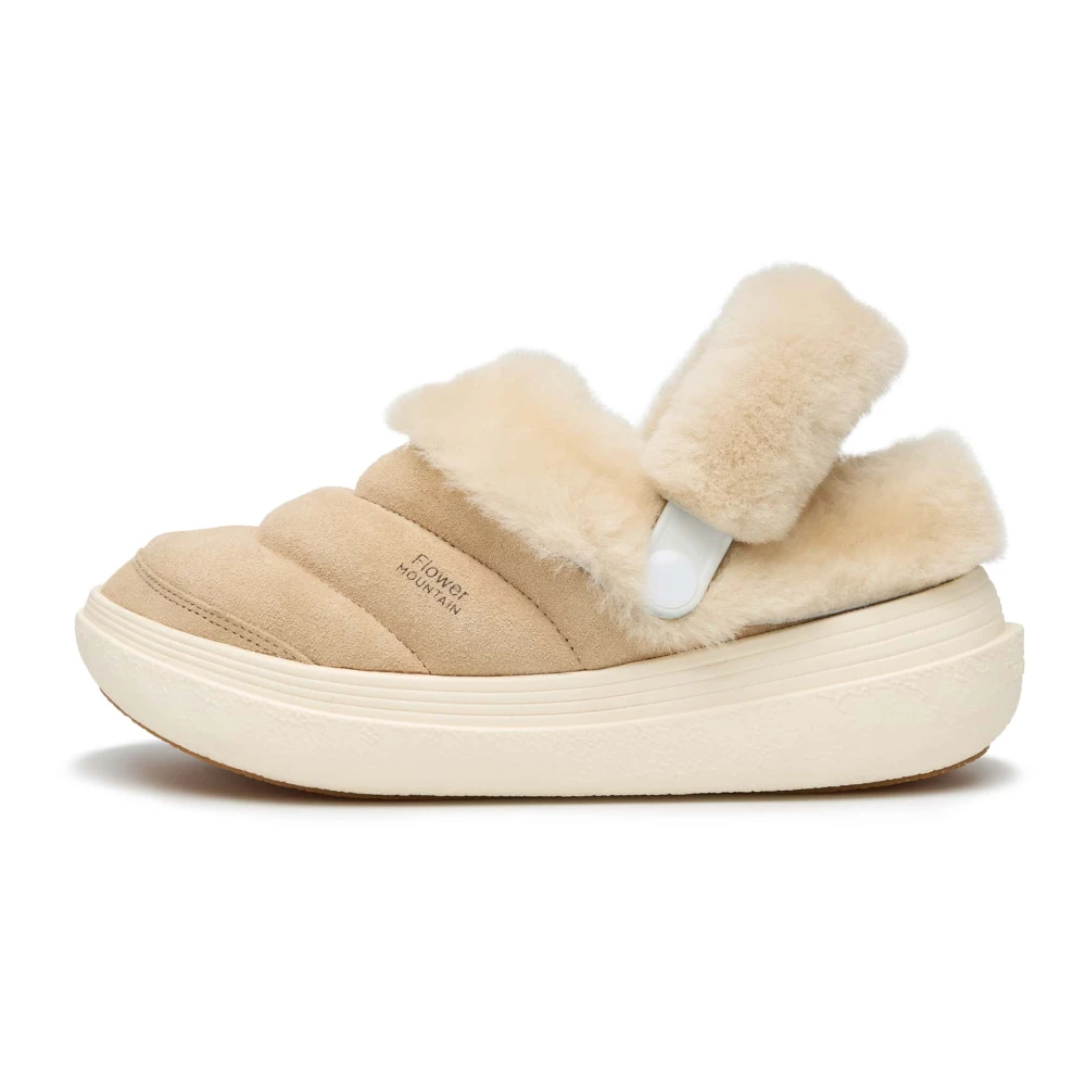 Flower Mountain Donna Beige Sneakers In Pelle E Shearling Fami Slipper Woman