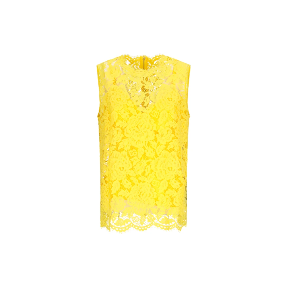 Dolce & Gabbana Women's Yellow Sleeveless Tops, L, Floral Cord Lace Top