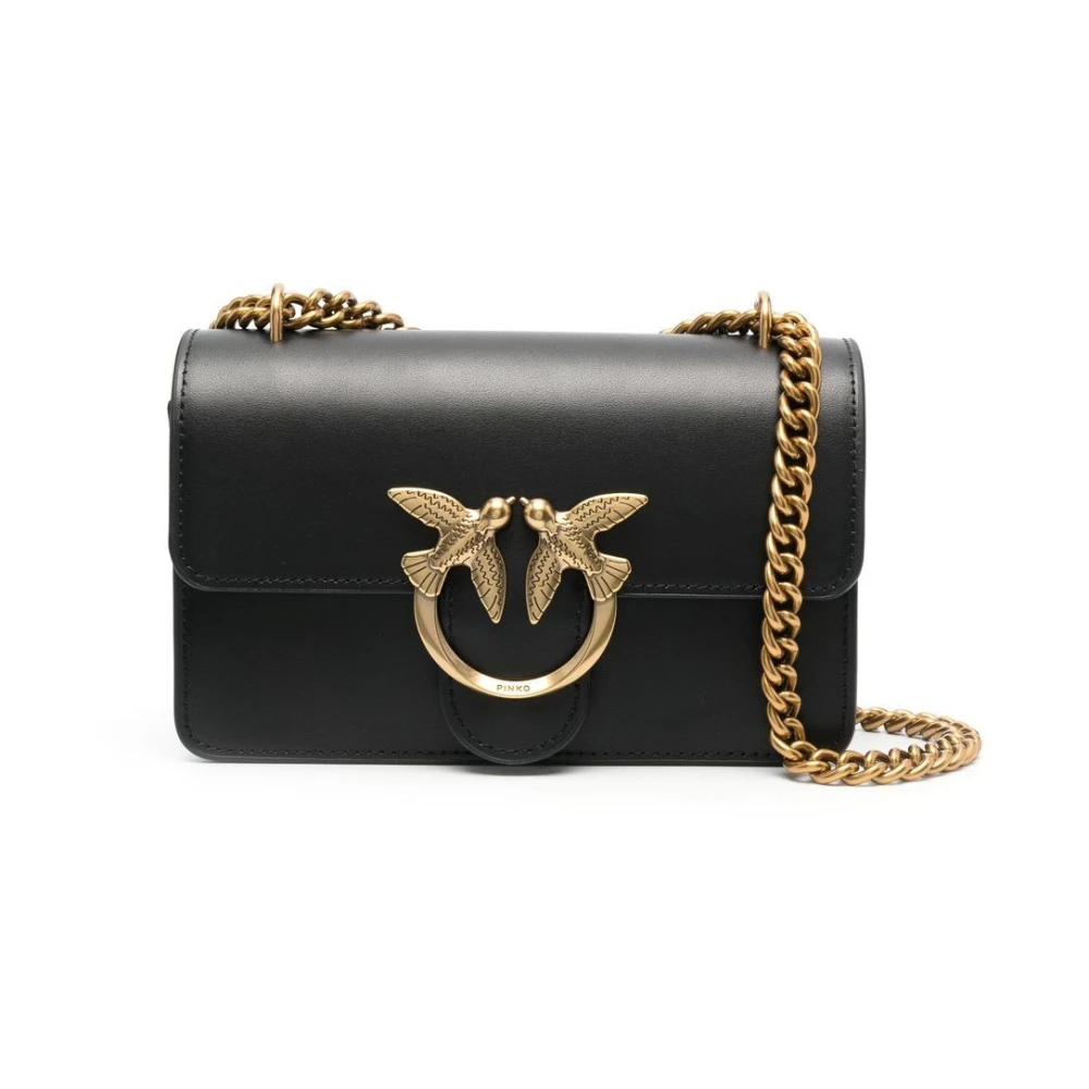 Pinko Love Birds Zwarte Leren Schoudertas Black Dames