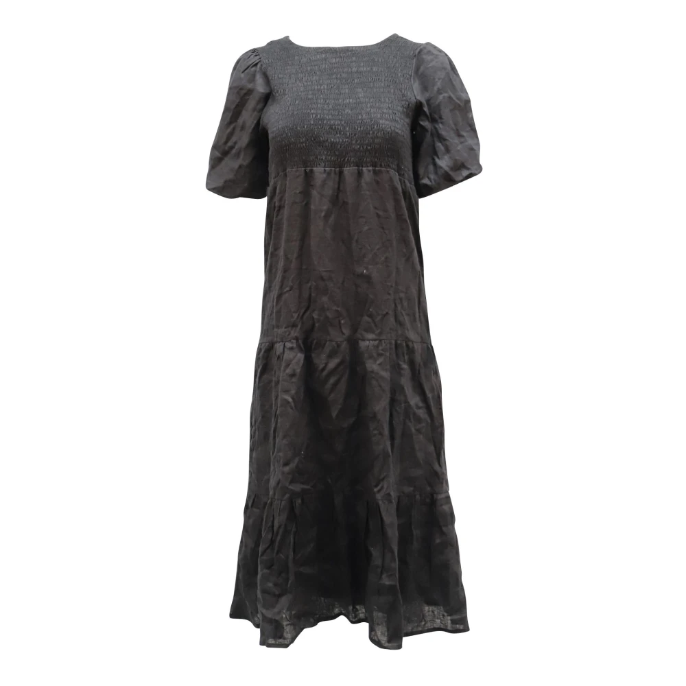 Faithfull the Brand Zwarte Rayon Midi Jurk met Pofmouwen Black Dames