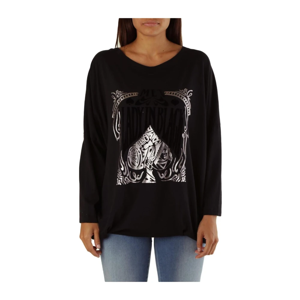 Met Vrouw Zwart Grafische Print Casual Top Lange Mouwen