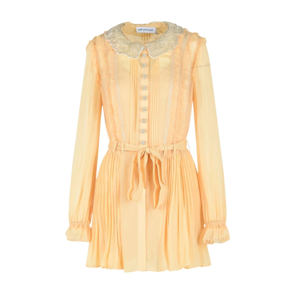 Self Portrait Women's Orange Shirt Dresses, M, Pleated Georgette Mini Dress