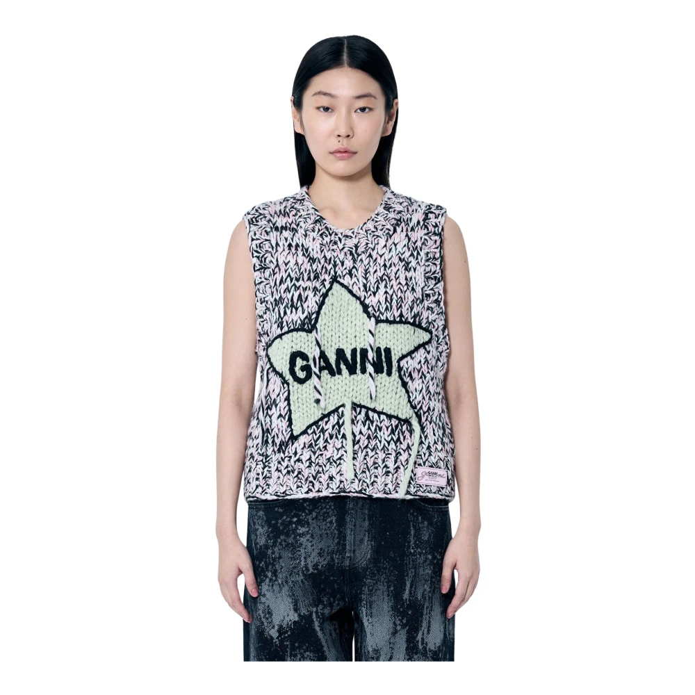 Ganni Handgebreide Grafische Wollen Vest Multicolor Dames