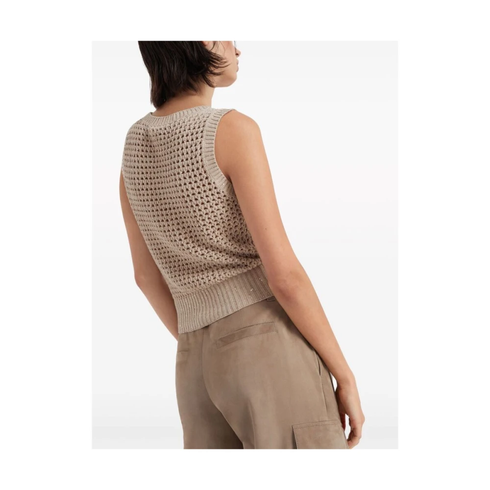 BRUNELLO CUCINELLI Beige Gebreide Top met Pailletten Beige Dames