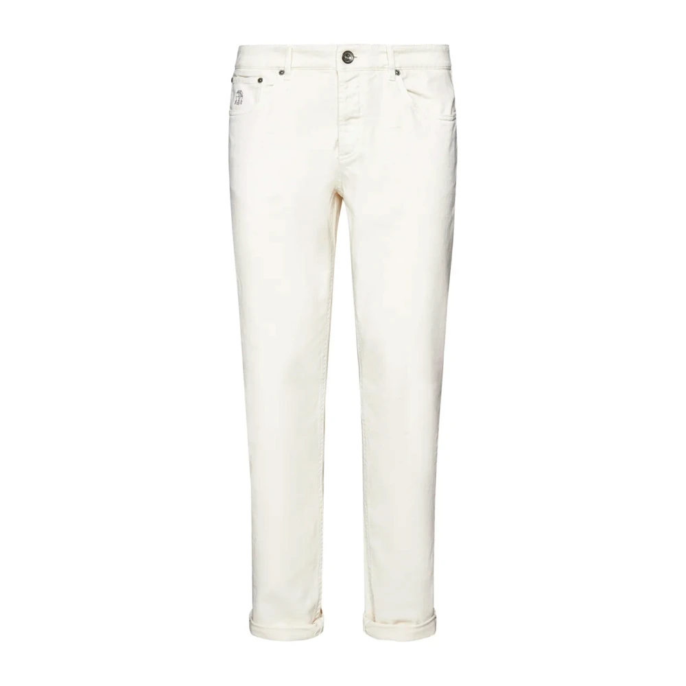 BRUNELLO CUCINELLI Slim-Fit Heren Jeans in Beige met Uniek Design en Logo Borduursel Beige Heren