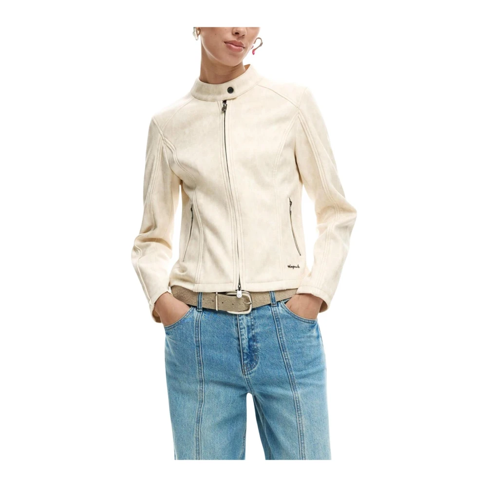 Desigual Donna Bianco - Blazer Con Zip E Scollo Rotondo Con Tasche - Jackets - Xl
