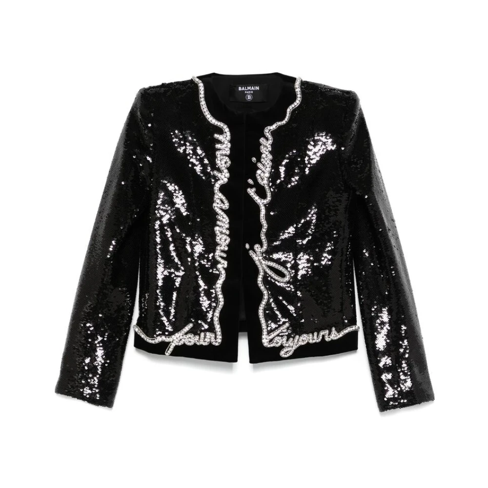 Balmain Zwarte Paillettenjasje met Schoudervullingen Black Dames