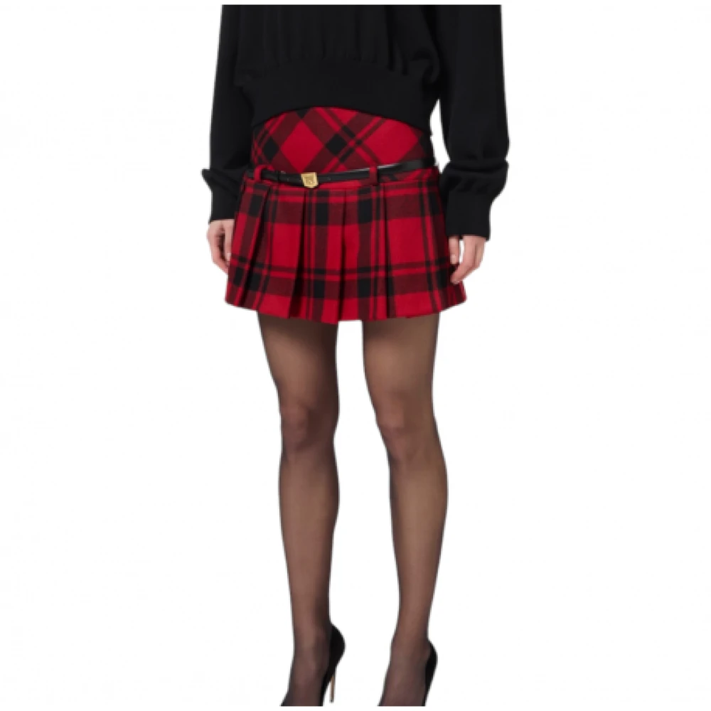 Elisabetta Franchi Rode Tartan Korte Rok Zwarte Riem Multicolor Dames