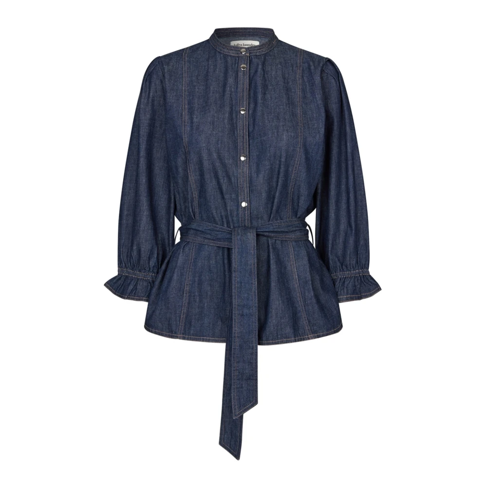 Lollys Laundry Denim shirt met ¾ mouwen en strikriem Blue Dames