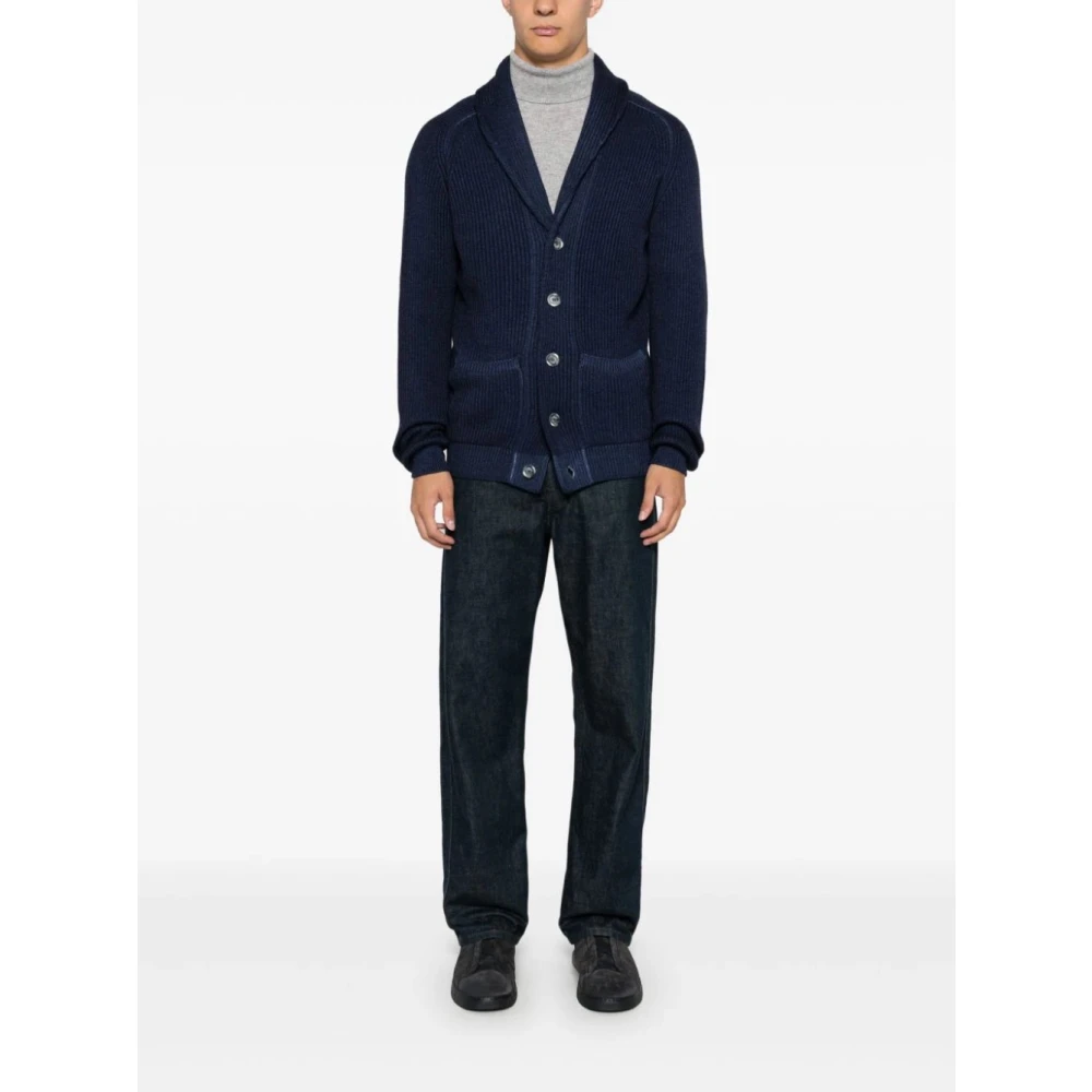 Fedeli Gebreide Engelse Rib Cardigan Sweaters Blue Heren