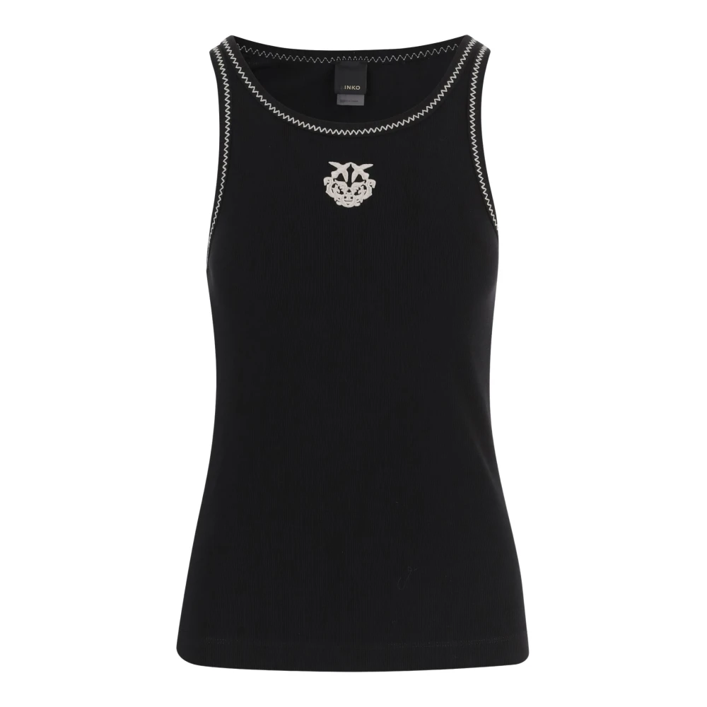 Pinko Women's Black Ribbed Tank Top With Love Birds Logo - Sleeveless Tops - L - Tops