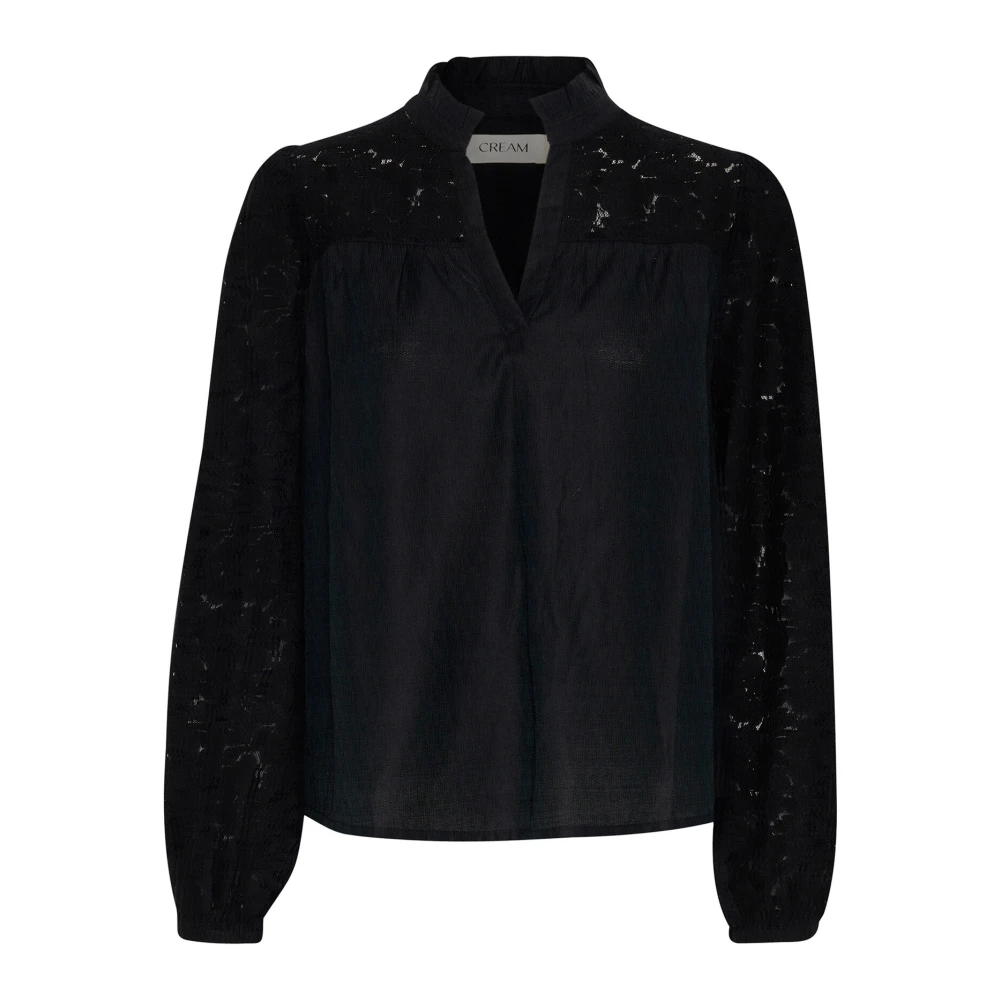 Cream Black Blouses, Female, L, Elegant Lace Blouse With Puff Sleeves