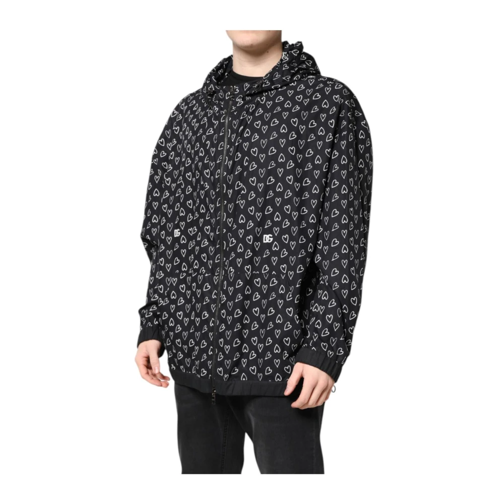 Dolce & Gabbana Men's Black Logo Detail Hooded Windbreaker Jacket