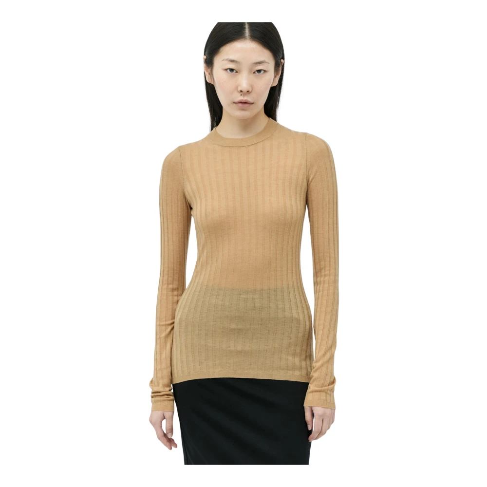 Sportmax Women's Beige Ribbed Wool Crewneck Jumper - Round-Neck Knitwear - M - Knitwear