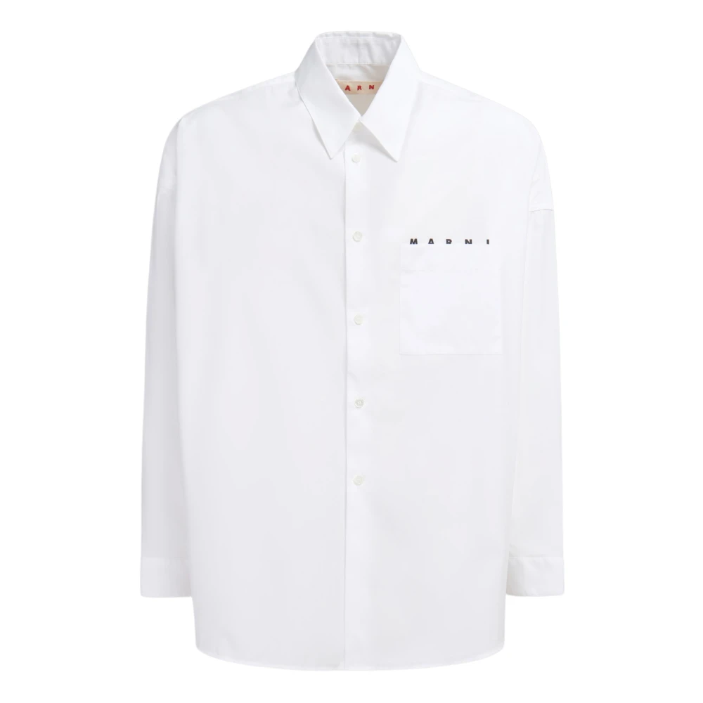 Marni Men's White Formal Shirts, L, Poplin Shirt With Peeping Logo