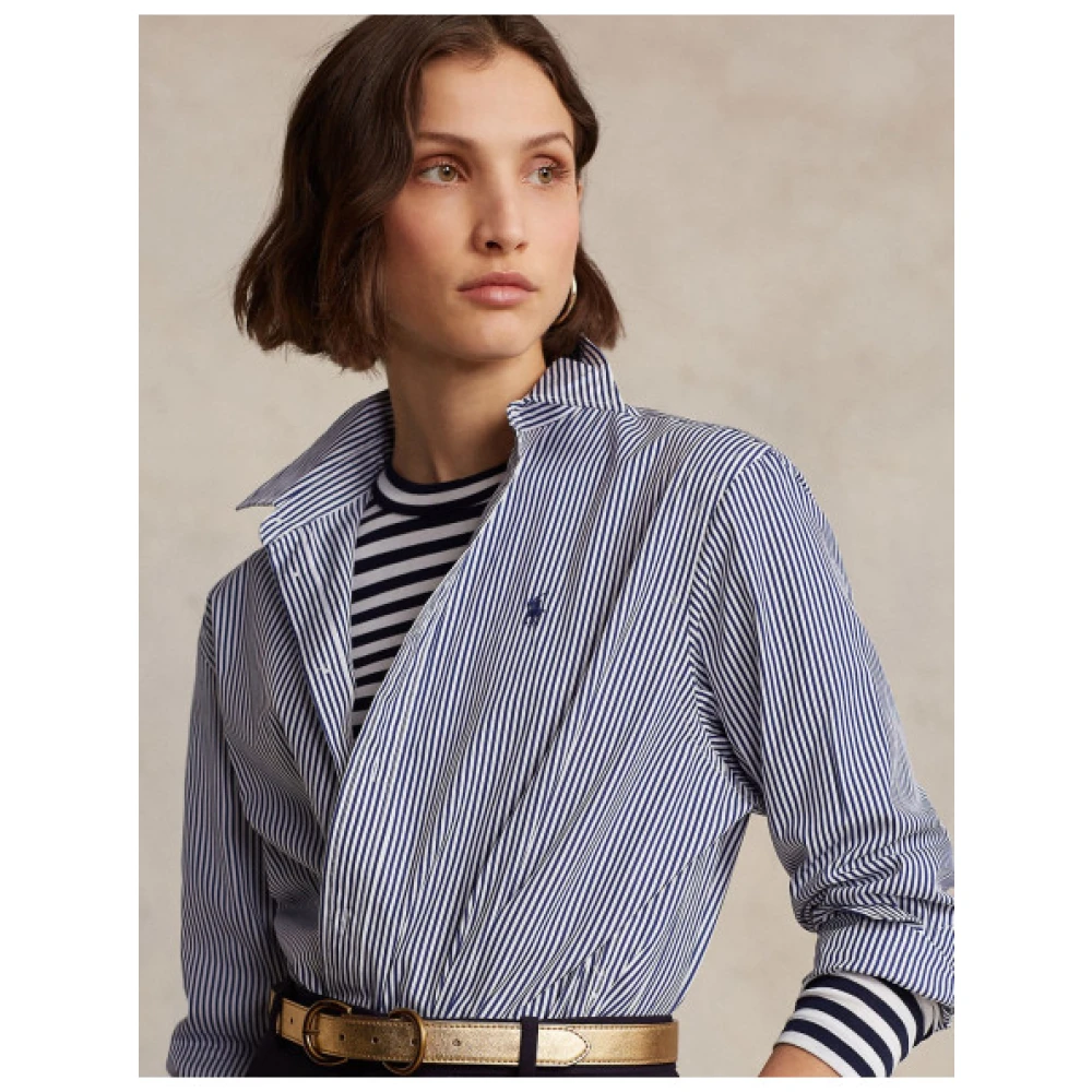 Polo Ralph Lauren Oversized Gestreepte Katoenen Poplin Blouse Blue Dames