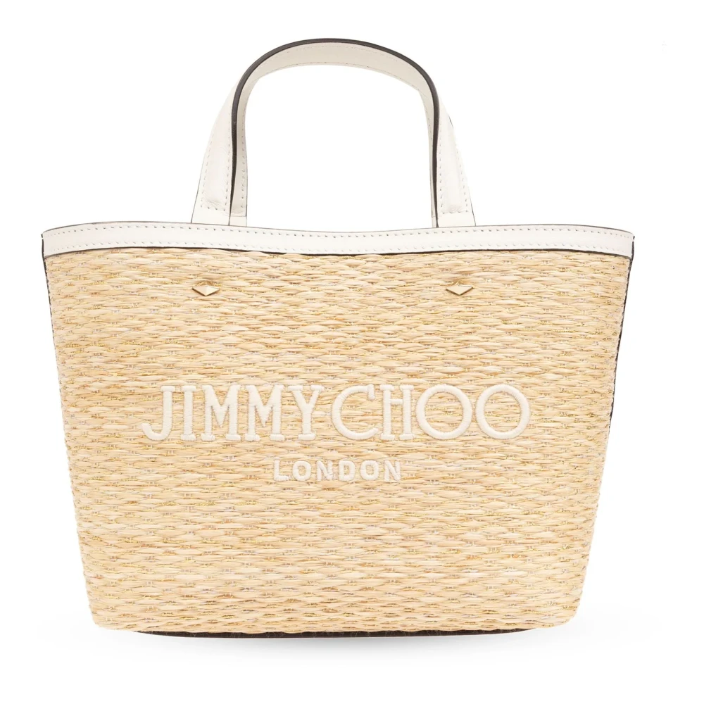 Jimmy Choo Raffia Leren Schoudertas Gouden Diamant Beige Dames