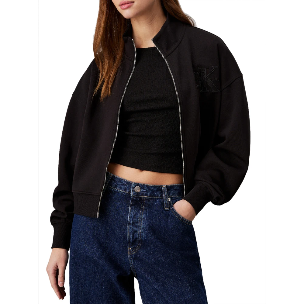 Calvin Klein Jeans Zwarte trui met satijnen logo applicatie Black Dames