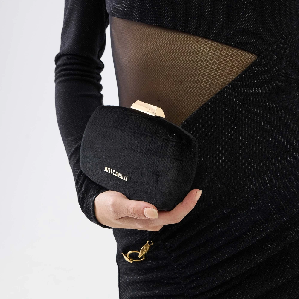 Just Cavalli Zwarte Fluwelen Clutch met Gouden Details Black Dames