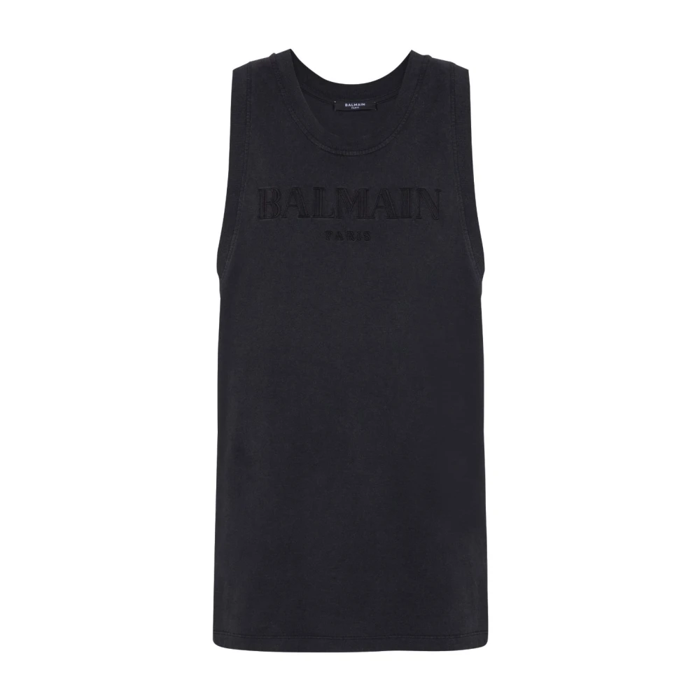 Balmain Grijze Geborduurde Logo Scoop Neck Top Gray Heren