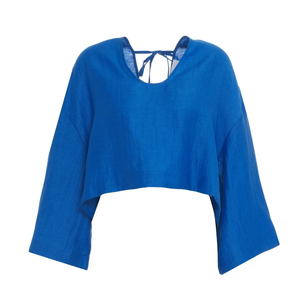 Kaos Blauwe Linnen Blouse Met Ruches Blue Dames