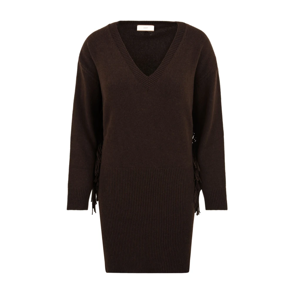 Akep Women's Brown Knitted Dresses, S, Fringed V-Neck Knit Dress
