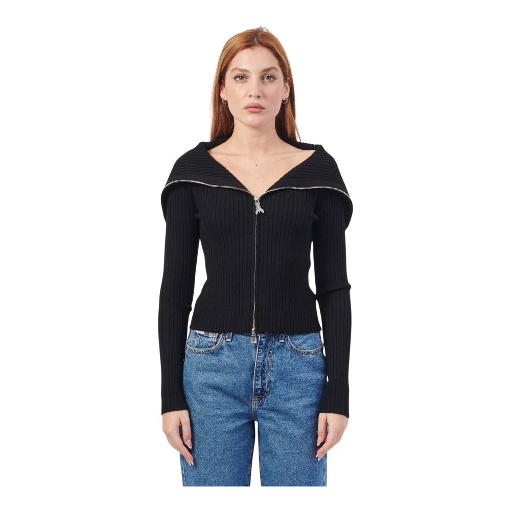 PATRIZIA PEPE Zwarte Geribbelde Trui met Shawl Kraag Black Dames