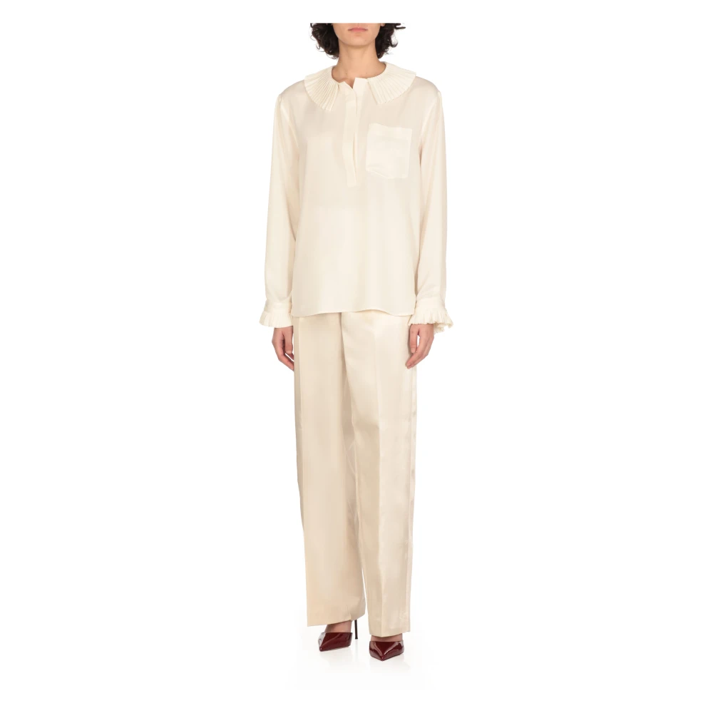 Philosophy di Lorenzo Serafini Ivoor Shirt met Geplooide Kraag en Franjes Beige Dames