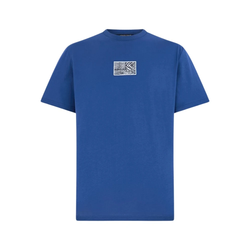 Roberto Cavalli Men's Blue T-Shirts, 2XL, Animal Print Crew-Neck T-Shirt