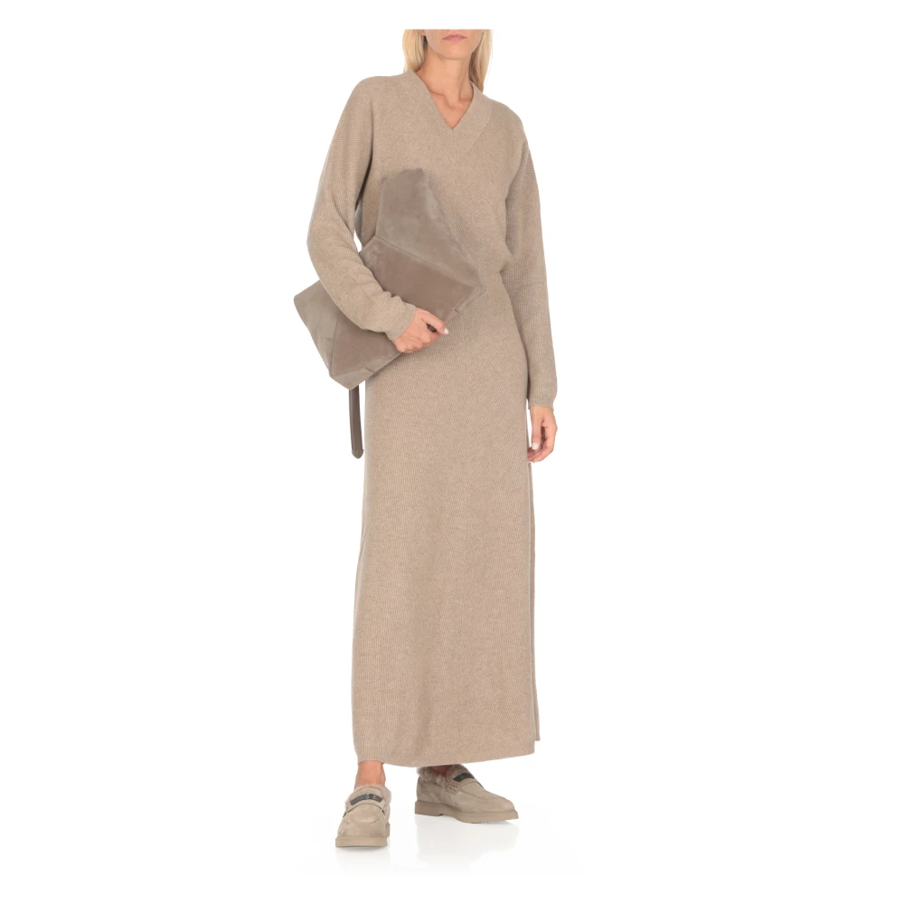 BRUNELLO CUCINELLI Bruine Kasjmier Jurk V-Hals Geribbeld Patroon Brown Dames
