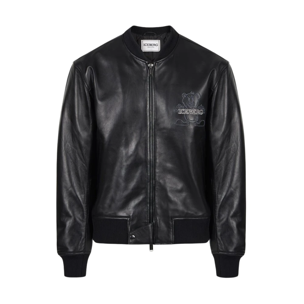 Iceberg Zwarte leren bomberjack met beerborduursel en dubbele schuifrits met logo Black Heren