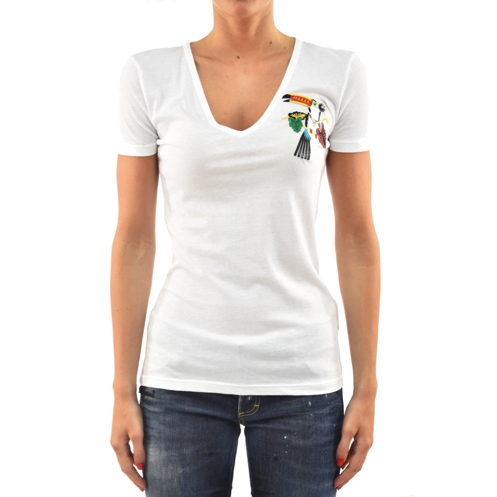 Hvit Bomull Logo T-skjorte med Multifarget Papegøye