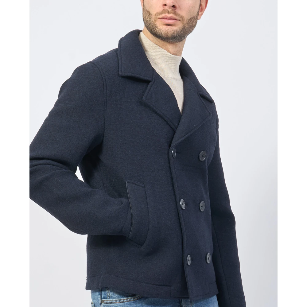 YES ZEE Blauwe Wollen Blend Double-Breasted Jas Blue Heren