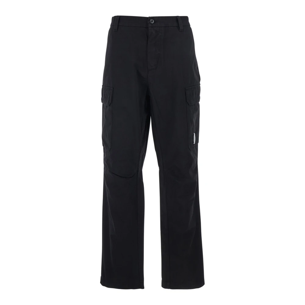 C.p. Company Men's Black Straight Trousers, L, Cotton Gabardine Loose Cargo Trousers