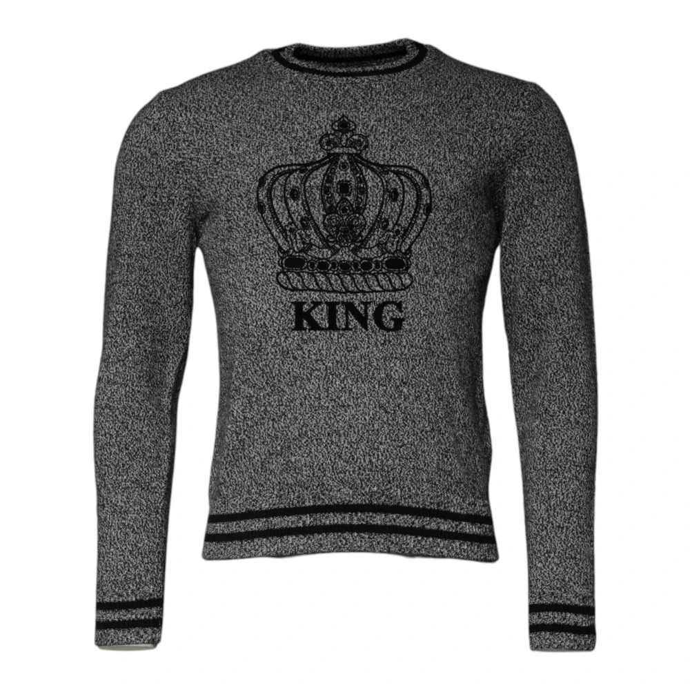 Dolce & Gabbana Kasjmier Crew Neck Zwarte Print Sweater Gray Heren