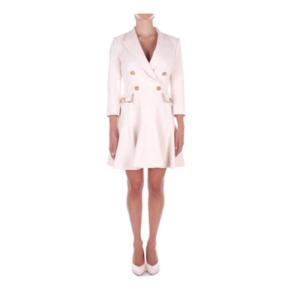Elisabetta Franchi Stijlvolle Jurken met Logoknoppen Beige Dames