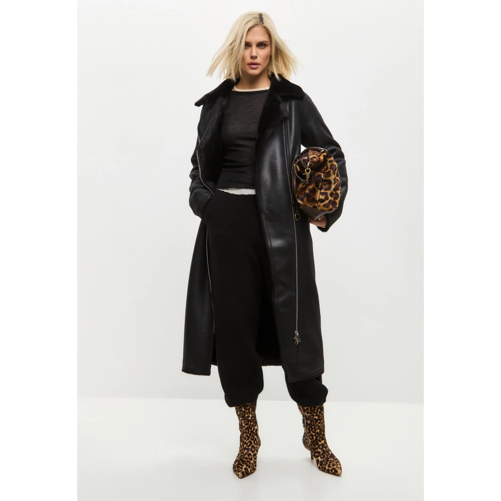 Cesare Gaspari Zwarte Faux Reversible Shearling Lange Jas Black Dames